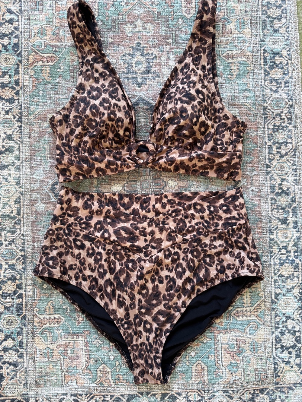aerie Leopard-Pattern Ring-Front High-Waist Bikini Set — Brown/Black